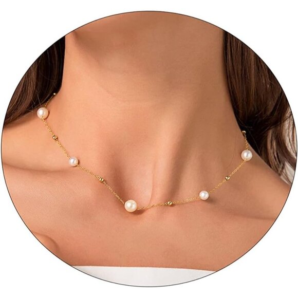 Gold Pearl Choker Necklace Dainty Beaded Chain Elegant Jewelry for Women Wedding - Picture 1 of 7
